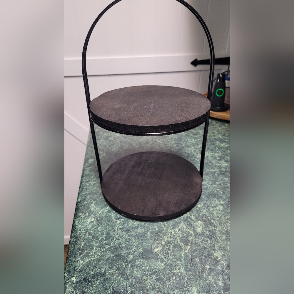 Elegant Black Metal and Wood Display Stand